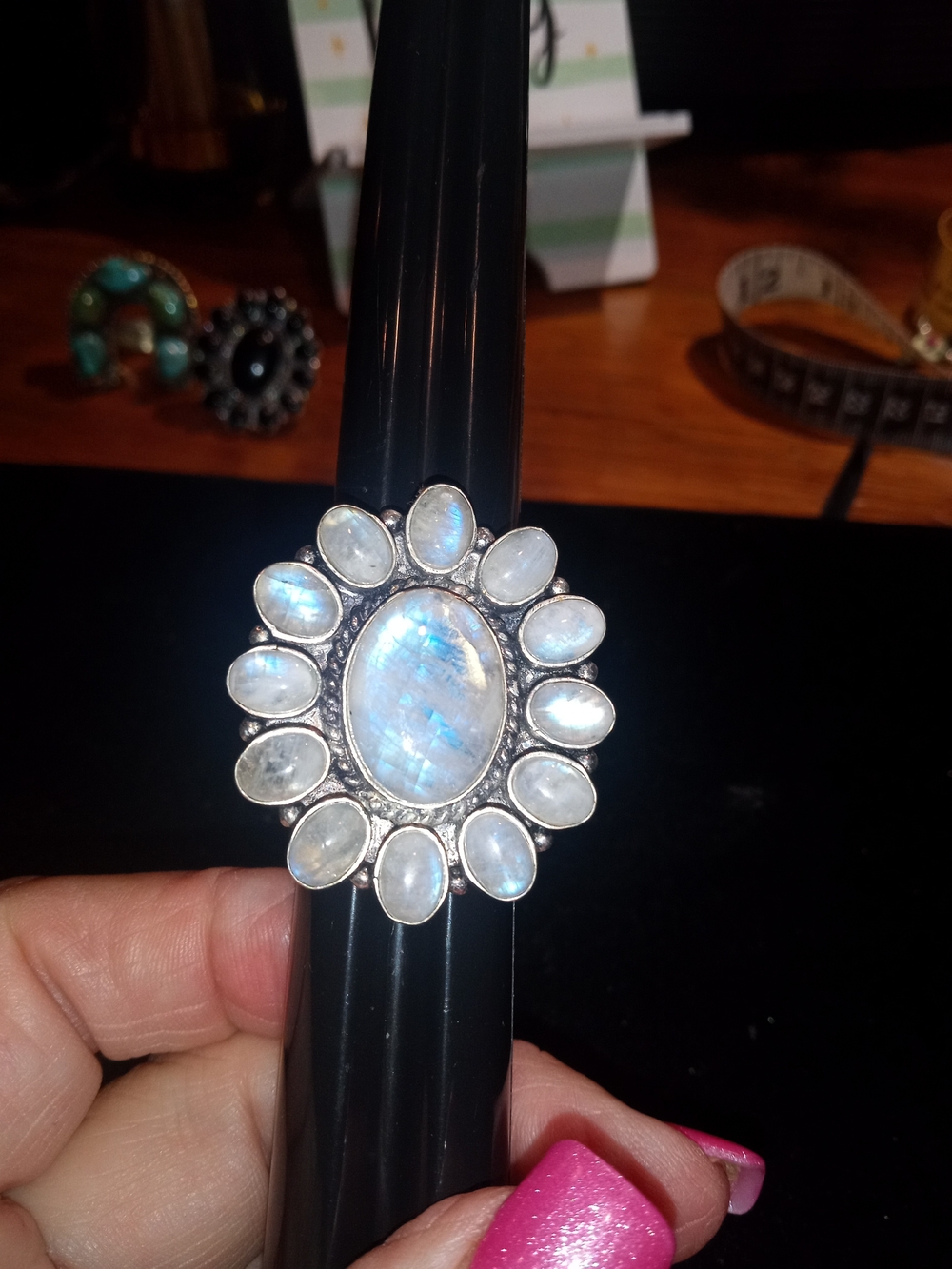 German Silver Moonstone Flower Ring - Iridescent White